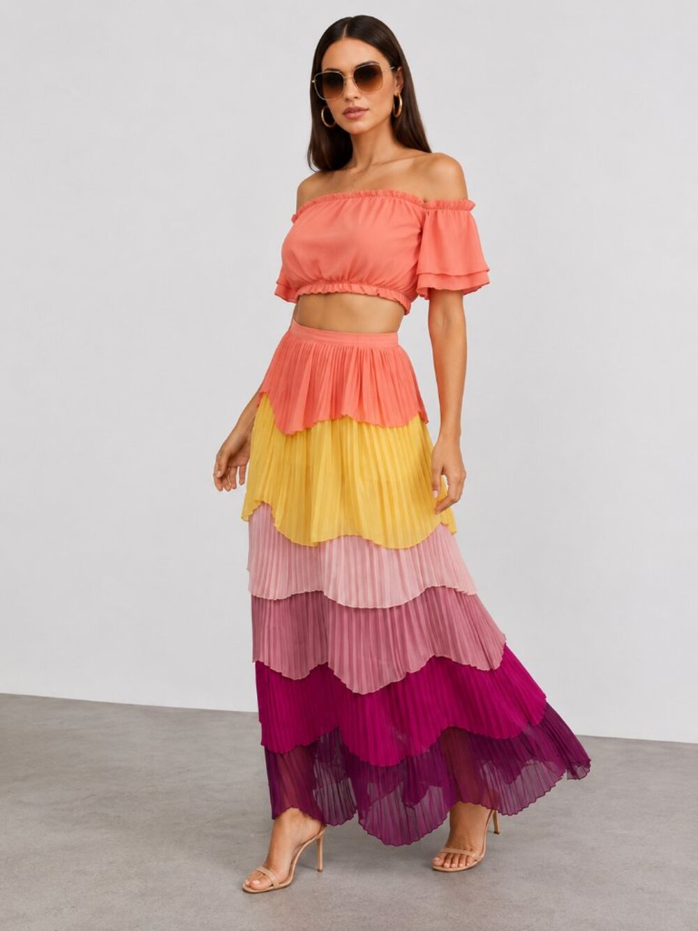 Colorful Boho Tiered Maxi Skirt Set Off Shoulder NWT
